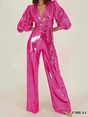 AyhillDress V Neck Puff Sleeve Metallic Jumpsuit
